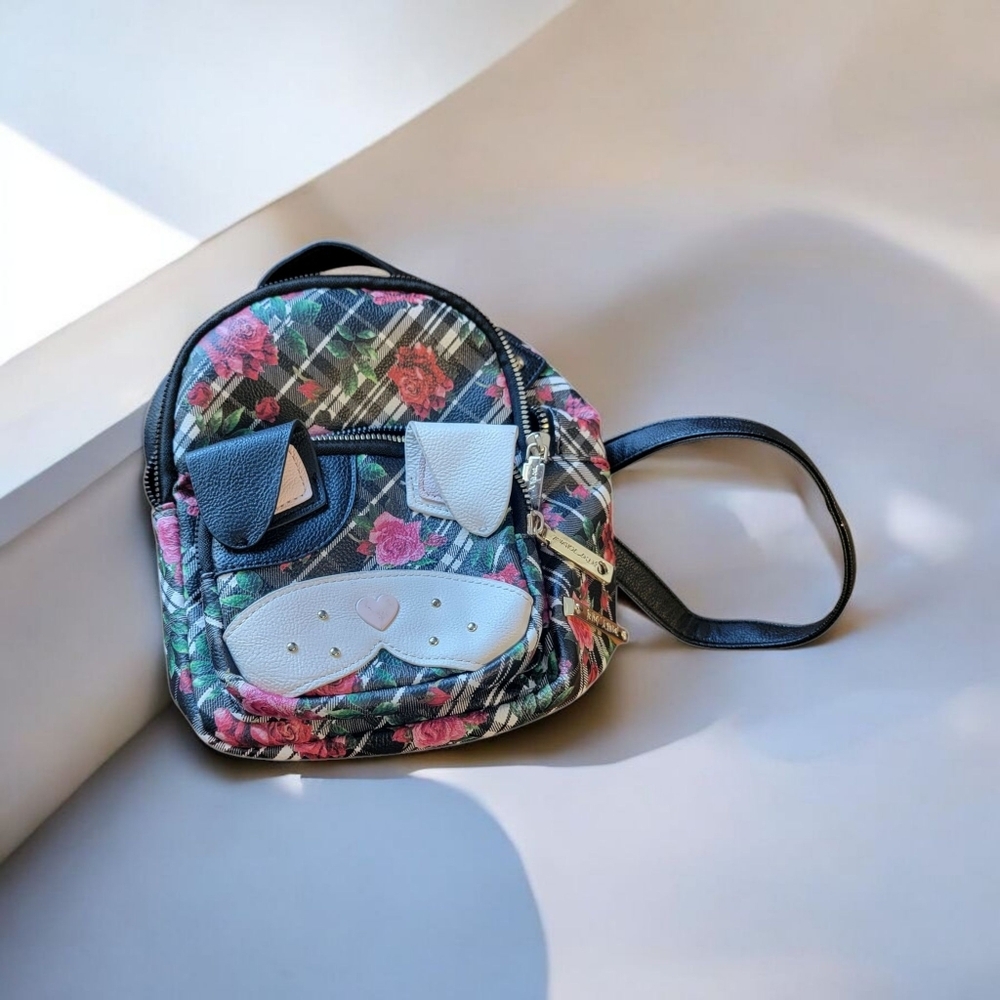 Betsey Johnson Puppy Dog Floral Patterned Backpack with Black Accents